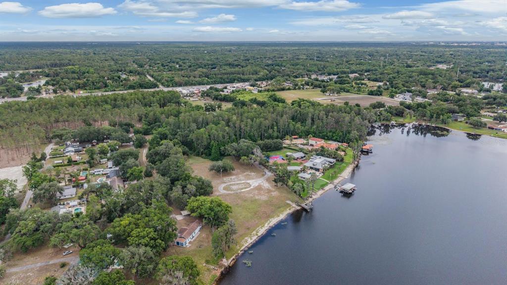 An aerial view shows houses situated along a lakefront with surrounding trees and open land — 215 LAKE BRANT DRIVE, LUTZ, FL