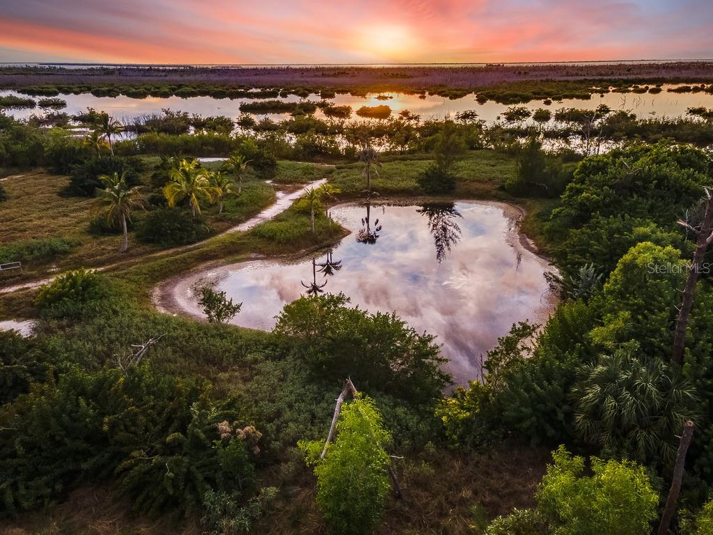 An aerial view shows a pond surrounded by lush vegetation at sunset near a coastline — 5209 WESTERN DRIVE, ST JAMES CITY, FL