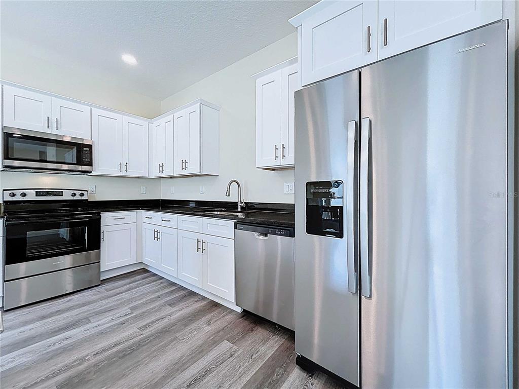 A kitchen features white cabinets, stainless steel appliances, black countertops, and wood-look flooring — 4370 CAMBIO GARDENS COURT, TAMPA, FL