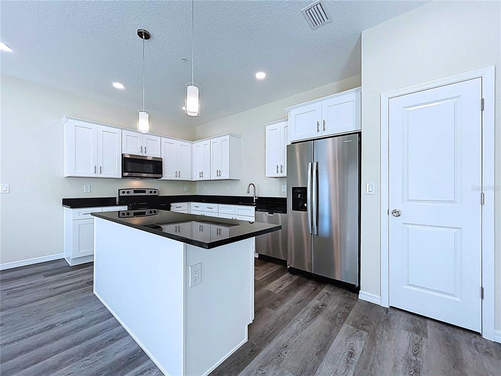 A kitchen features white cabinets, black countertops, stainless steel appliances, and wood-look flooring — 4370 CAMBIO GARDENS COURT, TAMPA, FL