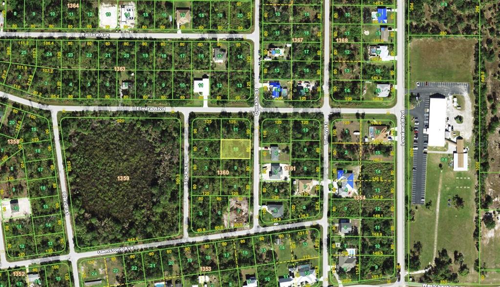 This is a satellite map showing residential lots and streets in a suburban neighborhood — 3475 DUNKIRK STREET, PORT CHARLOTTE, FL