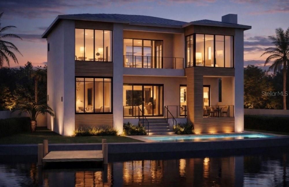 A digital rendering of a modern two-story waterfront home with a pool and private dock — 678 GENEVA PLACE, TAMPA, FL