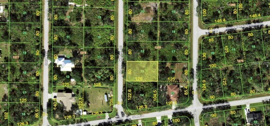 This is an aerial map showing a highlighted vacant residential lot among other subdivided parcels — 3542 MENTONE STREET, PUNTA GORDA, FL