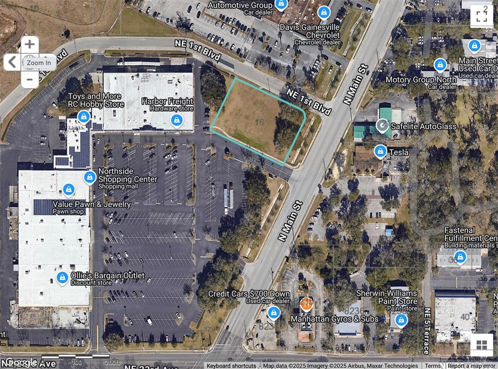 This is an aerial map view of a vacant commercial lot located at a street intersection — 2550 N MAIN STREET, GAINESVILLE, FL