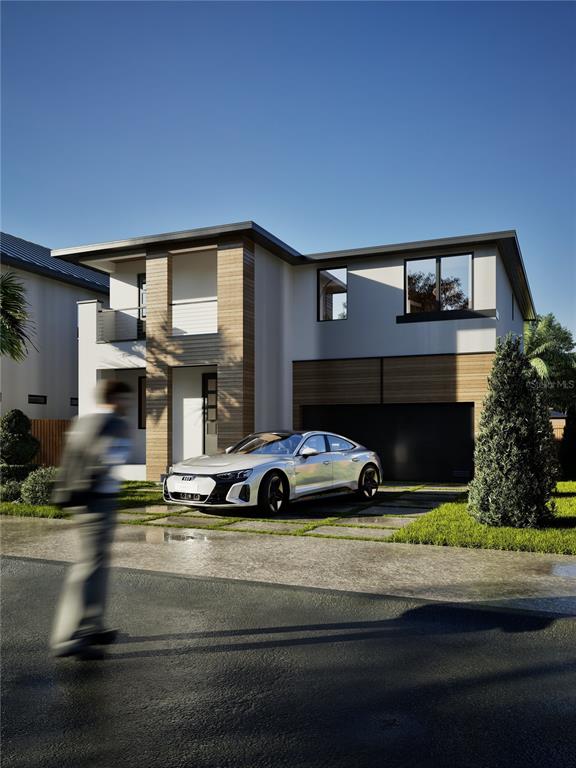 This is a digital rendering of a modern two-story house with a parked Audi — 610 N TUTTLE AVENUE, SARASOTA, FL