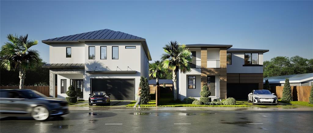 This is a digital rendering of two modern two-story houses with attached garages — 610 N TUTTLE AVENUE, SARASOTA, FL