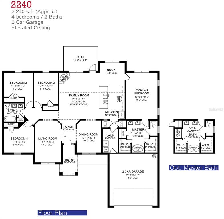 This floor plan shows a four-bedroom, two-bathroom house with a two-car garage and patio — 11329 HORNED OWL ROAD, WEEKI WACHEE, FL