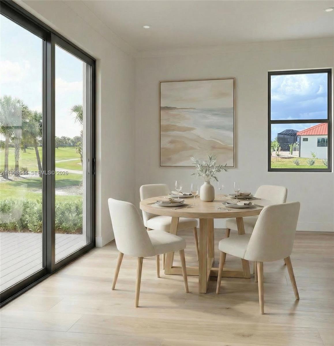This rendering shows a dining area with a round wooden table, four chairs, and floor-to-ceiling windows — 3609 Bal Harbor blvd, FL 33950, FL