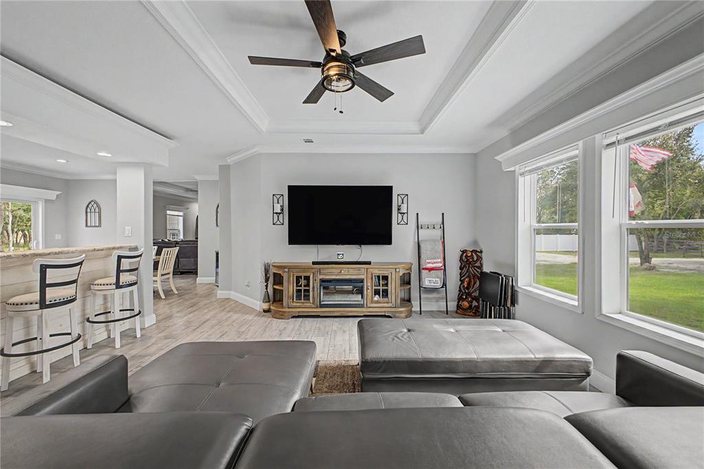 A living room features a grey sectional sofa, a television, and a wooden media console — 11293 CLEEVER STREET, WEEKI WACHEE, FL