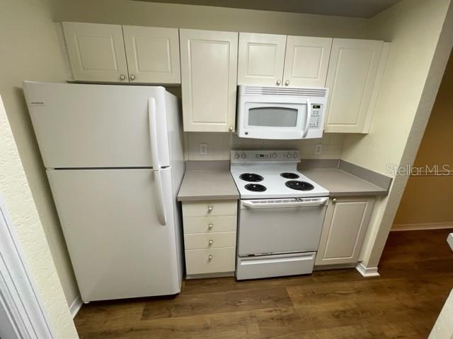 A kitchen features white appliances, light-colored cabinets, and wood-look flooring — 18108 PERREGRINES PERCH PLACE UNIT 211, LUTZ, FL