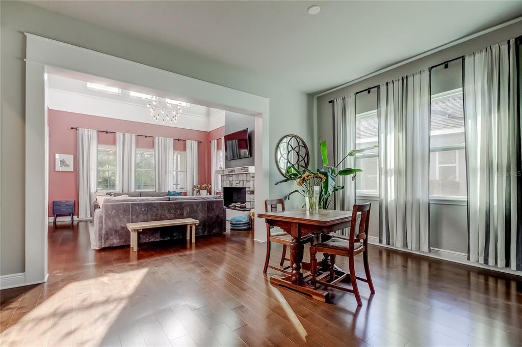 A dining area with a wooden table opens into a living room with pink walls — 11403 QUIET FOREST DRIVE, TAMPA, FL
