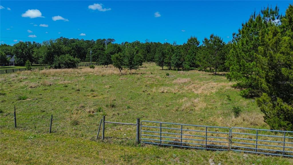 A metal gate opens into a large, grassy, fenced field surrounded by mature trees — 6489 QUARTERHORSE LANE, BROOKSVILLE, FL