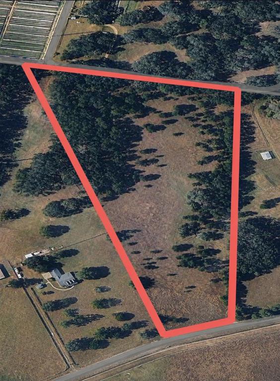 An aerial view of a vacant, trapezoidal-shaped plot of land outlined in red — 6489 QUARTERHORSE LANE, BROOKSVILLE, FL