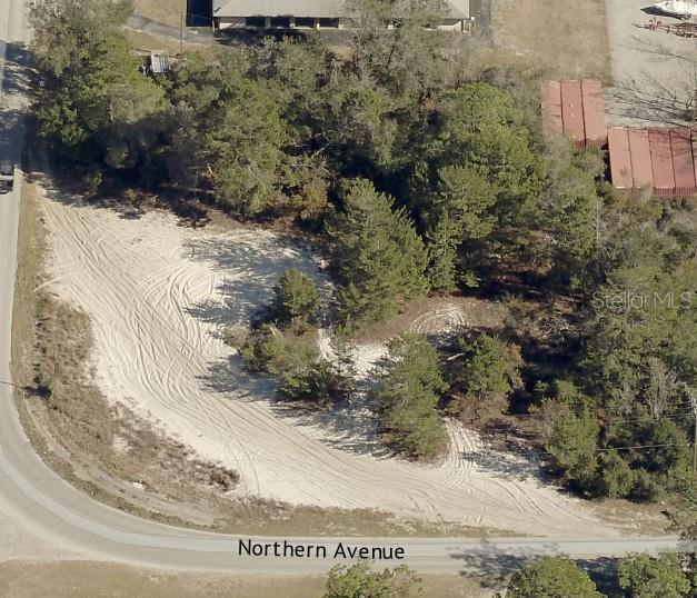 An aerial view shows a sandy, partially wooded vacant lot bordering a paved road — NORTHERN AVENUE, LEESBURG, FL