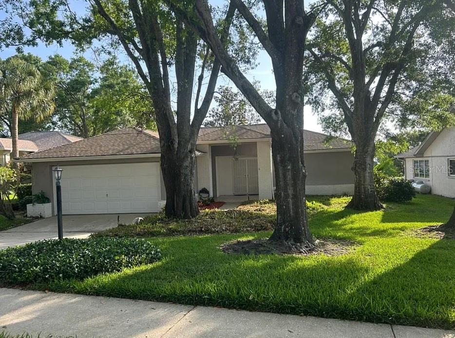 A single-story house with a two-car garage, large trees, and a lawn in front — 1225 GILLESPIE DRIVE N, PALM HARBOR, FL