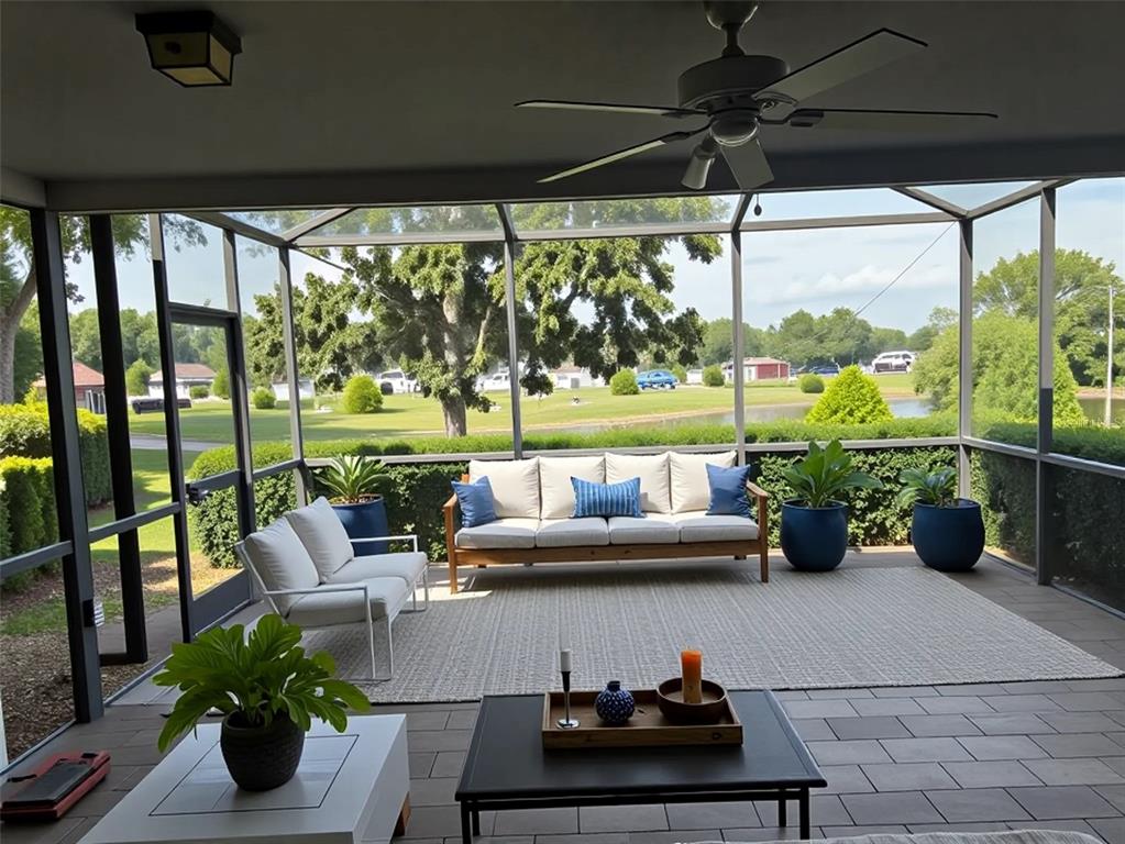 A screened-in patio features outdoor furniture, a ceiling fan, and a view of a pond — 1225 GILLESPIE DRIVE N, PALM HARBOR, FL
