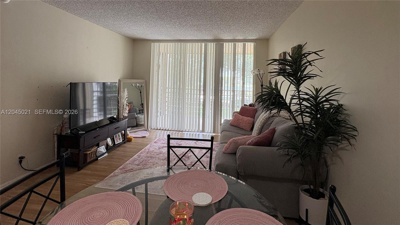A living room features a grey sofa, a television on a stand, and a dining table — 9340 Lagoon Pl # 202, Davie FL 33324, DAVIE, FL
