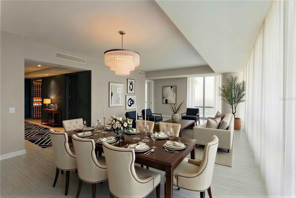 A dining room and living area with a chandelier, wooden table, and floor-to-ceiling windows — 400 CENTRAL AVENUE UNIT 2001, ST PETERSBURG, FL