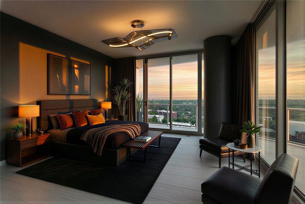 This is a rendering of a modern bedroom with floor-to-ceiling windows and a sunset view — 400 CENTRAL AVENUE UNIT 2001, ST PETERSBURG, FL