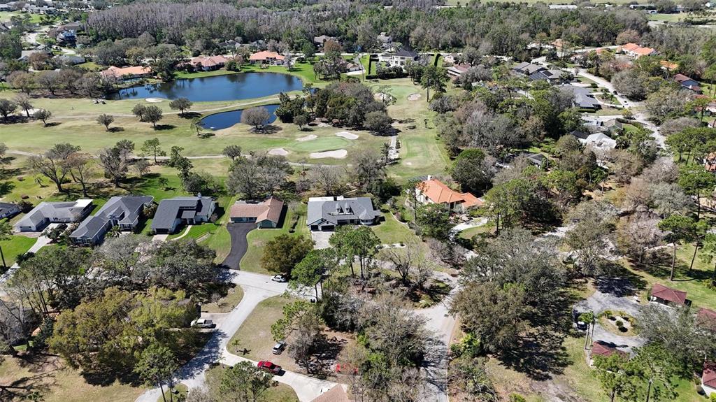 An aerial view shows houses situated along a golf course with a pond and trees — 5331 SADDLEBROOK WAY, WESLEY CHAPEL, FL