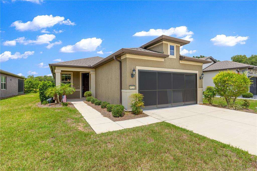 A single-story house with a tan stucco exterior, a screened garage door, and a walkway — 9725 SW 63RD LOOP, OCALA, FL