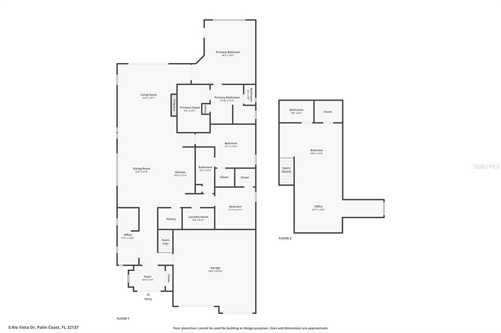 This is a floor plan showing the layout of a two-story residential home — 5 RIO VISTA DRIVE, PALM COAST, FL