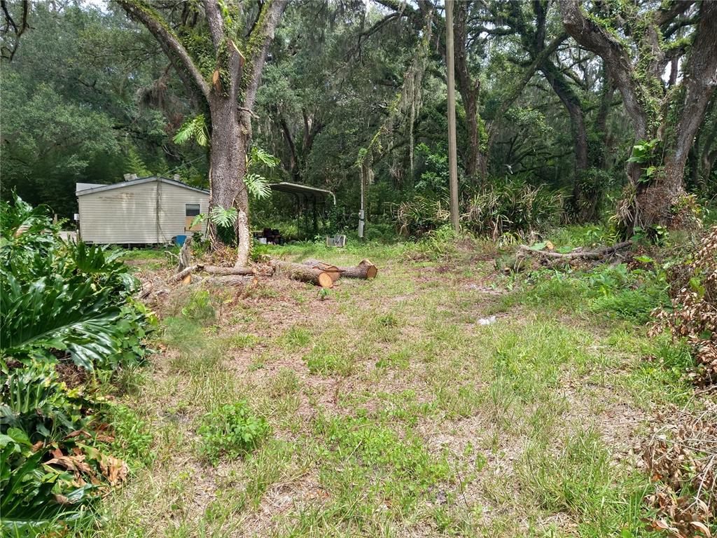 A grassy, wooded lot features a small mobile home and a metal carport structure — 10616 SHADY DRIVE, HUDSON, FL