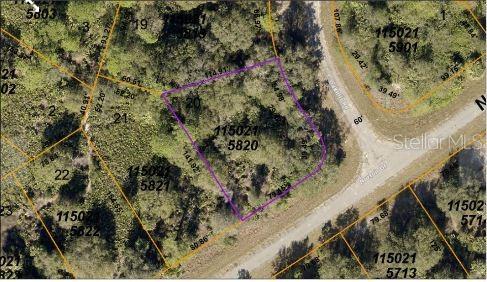 This is an aerial map showing a vacant lot outlined in purple with property boundary dimensions — NORTON DRIVE, NORTH PORT, FL
