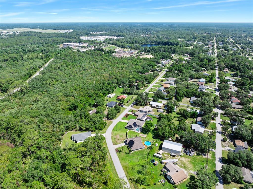 An aerial view shows a residential neighborhood bordering a large expanse of dense forest — 1355 1ST AVENUE, DELAND, FL