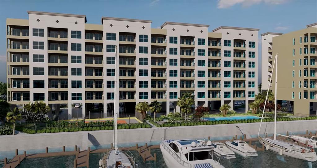 This is a rendering of a multi-story apartment building situated along a boat marina — 5015 US HIGHWAY 19 UNIT 503, NEW PORT RICHEY, FL