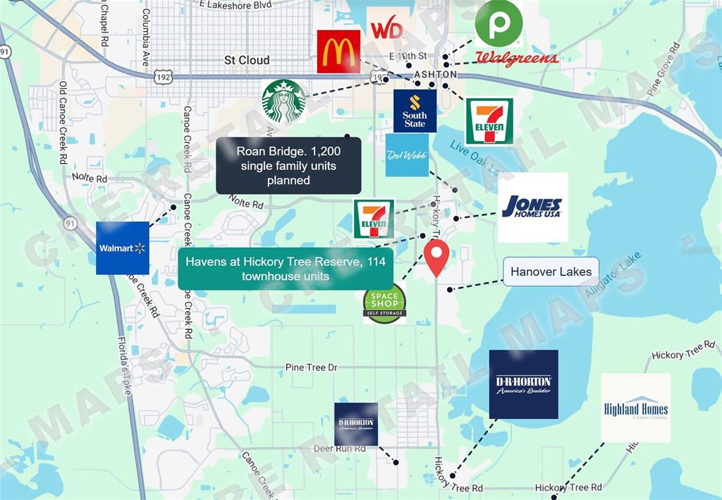 This is a map showing residential developments and local businesses in St. Cloud, Florida — HICKORY TREE ROAD, ST CLOUD, FL