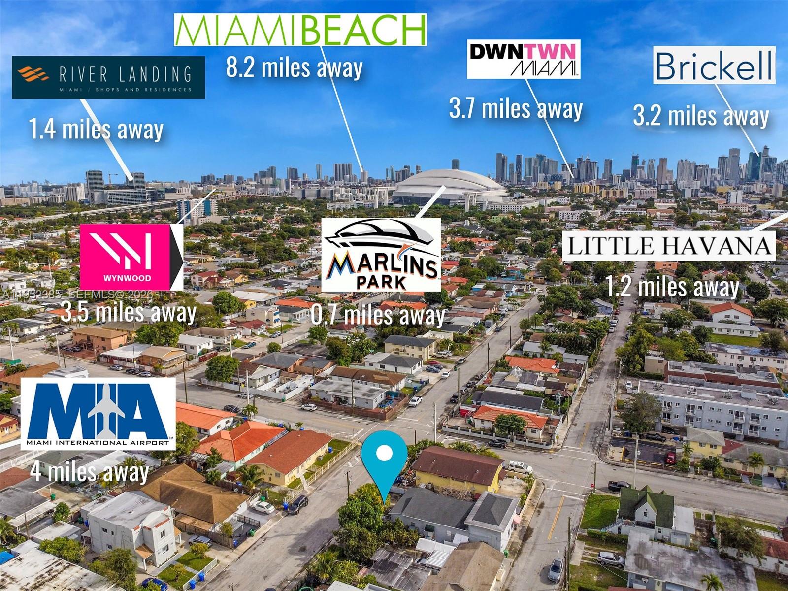 This is an aerial map showing a property location relative to various Miami landmarks — 2105 NW 1st St, Miami FL 33125, MIAMI, FL