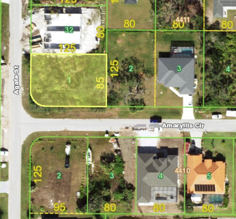 This is a satellite map view showing residential land parcels and street layouts — 13445 AMARYLLIS CIRCLE, PORT CHARLOTTE, FL