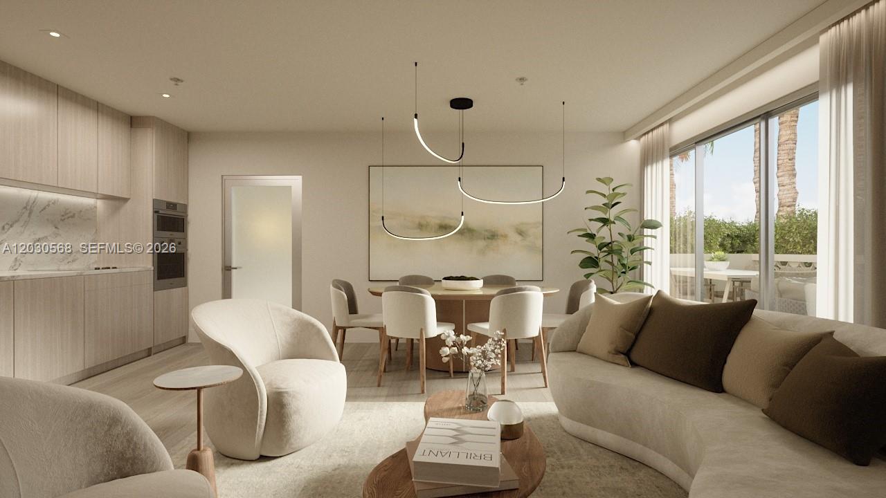 This rendering shows an open-concept living and dining area with modern neutral furniture — 260 Collins Ave # 110, Miami Beach FL 33139, MIAMI BEACH, FL