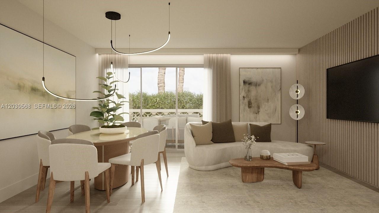 This is a rendering of a modern living and dining area with neutral furniture — 260 Collins Ave # 110, Miami Beach FL 33139, MIAMI BEACH, FL