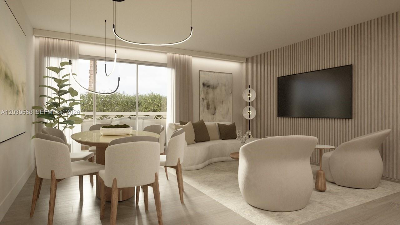 This rendering shows a modern living and dining area with neutral furniture and slatted walls — 260 Collins Ave # 110, Miami Beach FL 33139, MIAMI BEACH, FL