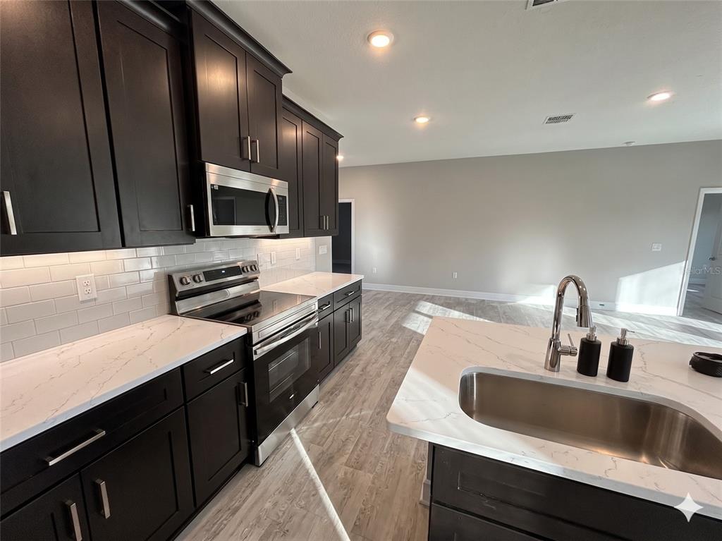 A modern kitchen features dark cabinets, white quartz countertops, stainless steel appliances, and wood-look flooring — 2039 E NEWHAVEN STREET, INVERNESS, FL