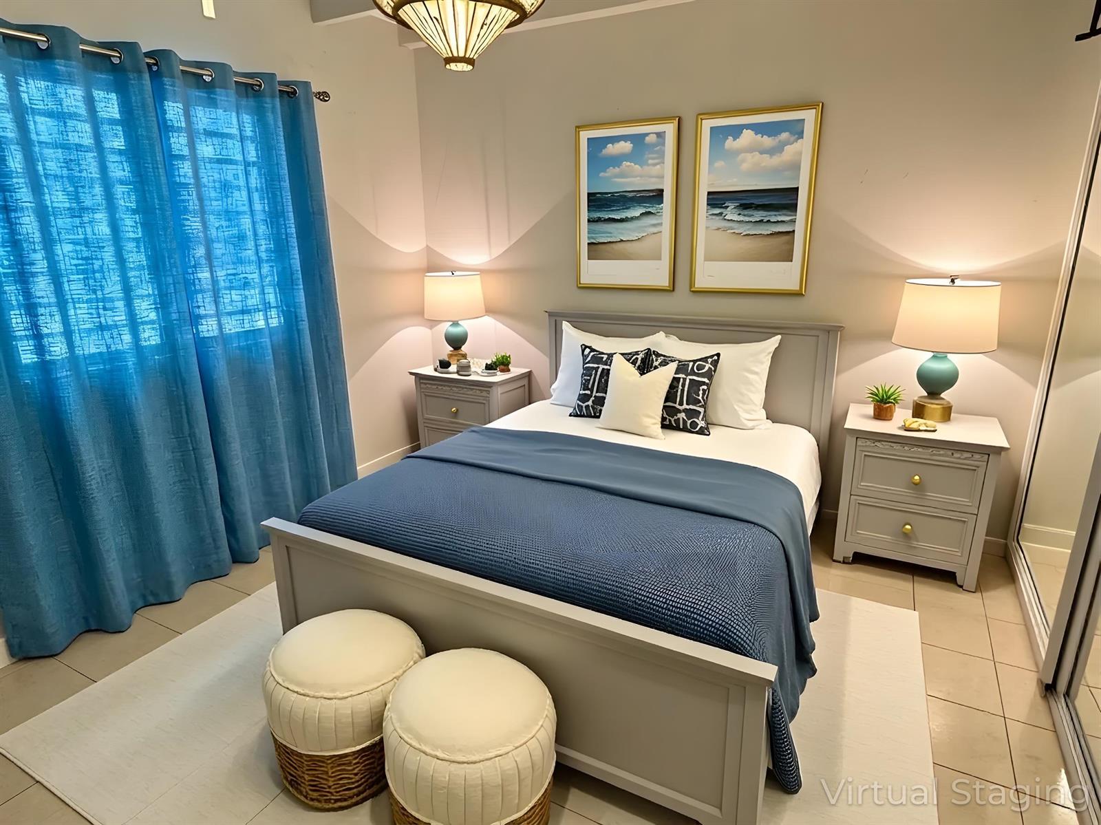 A bedroom features a gray bed, two nightstands, blue curtains, and two round white ottomans — 702 N Federal Highway # A8, FL 33460, FL