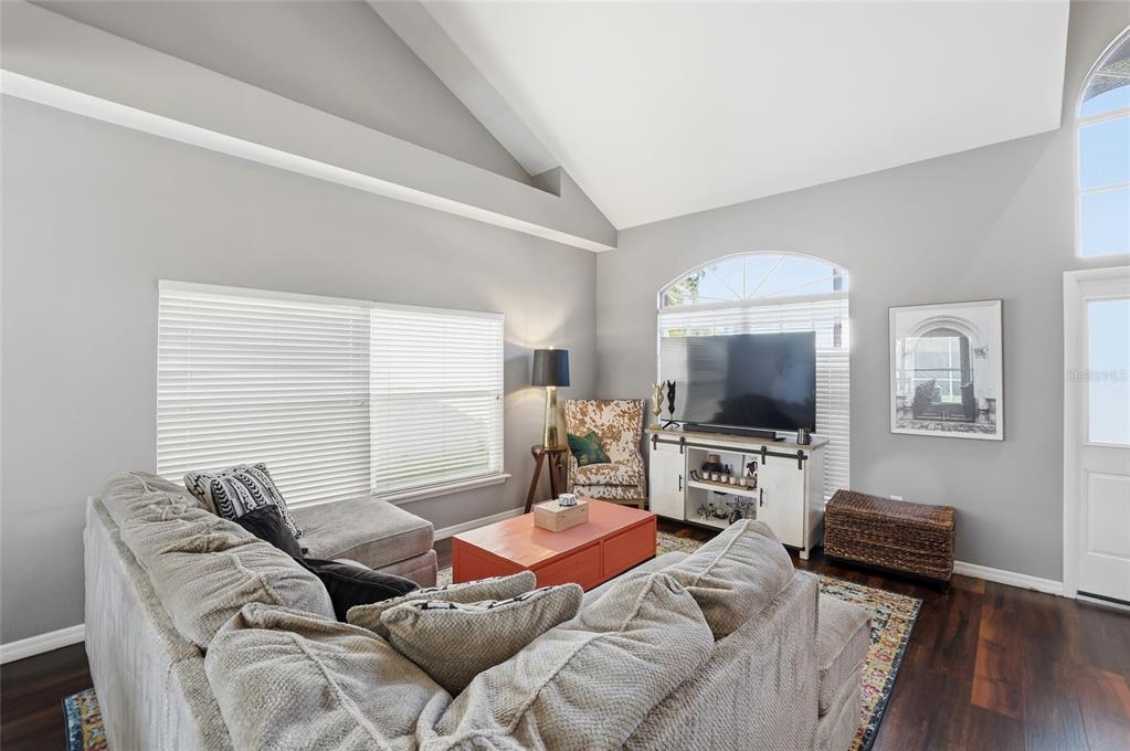 A living room features a vaulted ceiling, gray walls, a sectional sofa, and hardwood floors — 11235 CLAYRIDGE DRIVE, TAMPA, FL