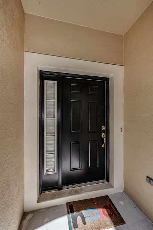 A black front door with a side window light sits within a recessed entryway — 8414 SANDY BEACH STREET, TAMPA, FL