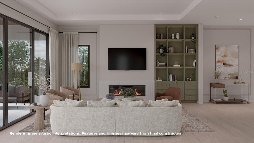This rendering shows a modern living room with a fireplace, built-in shelving, and sliding glass doors — 1823 SUNSET DRIVE, WINTER PARK, FL
