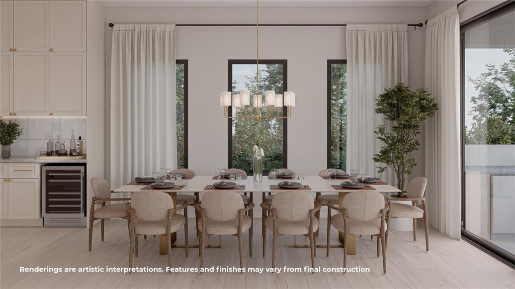 This rendering shows a dining room with a long table, eight chairs, and a chandelier — 1823 SUNSET DRIVE, WINTER PARK, FL