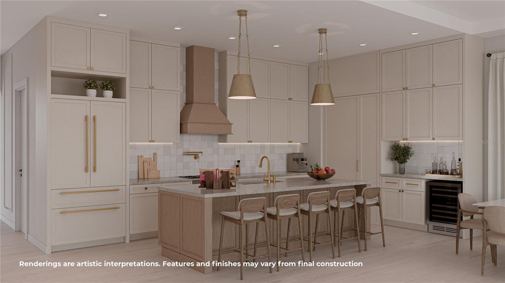 This rendering shows a modern kitchen with light-colored cabinetry, a wood-toned island, and gold hardware — 1823 SUNSET DRIVE, WINTER PARK, FL