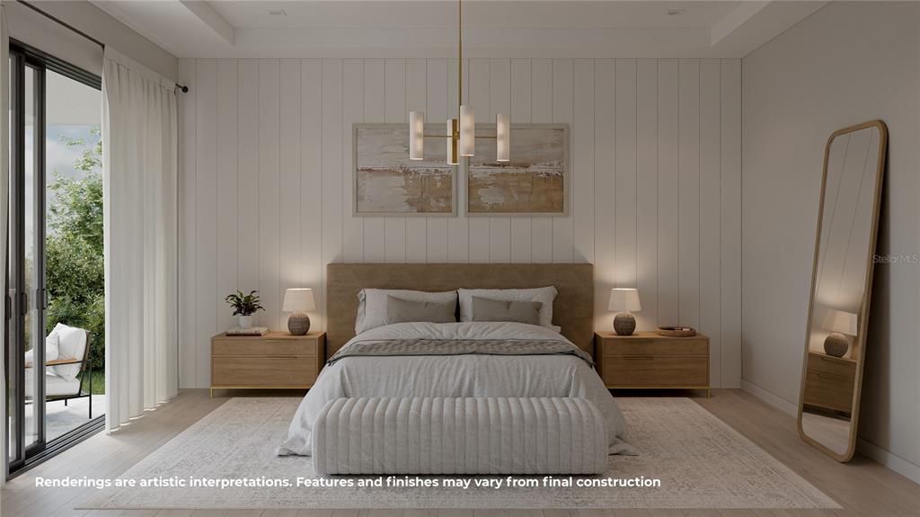 This rendering shows a modern bedroom with a wood headboard, vertical wall paneling, and floor-length mirror — 1823 SUNSET DRIVE, WINTER PARK, FL