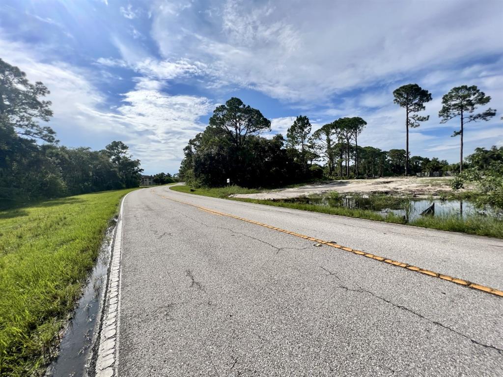 A paved road curves past a grassy shoulder, a small pond, and a wooded area — 717 BISCAYNE DRIVE, PORT CHARLOTTE, FL
