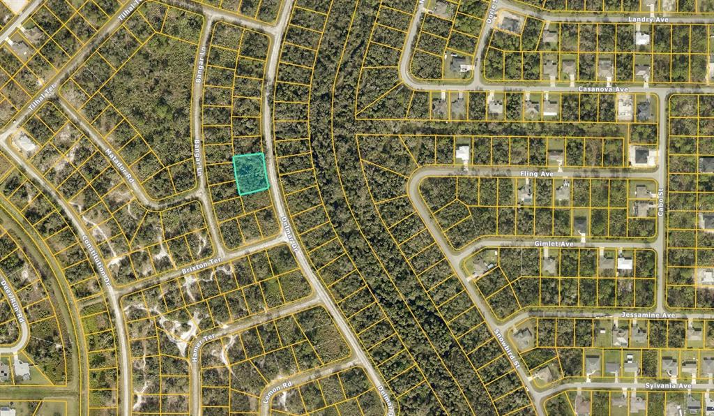 This is an aerial map showing a highlighted vacant lot in a residential neighborhood — 0969062306 DELMAR DRIVE, NORTH PORT, FL