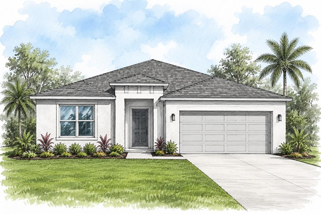 This is a rendering of a single-story house with a stucco exterior and two-car garage — 12325 CHAMBERLAIN BOULEVARD, PORT CHARLOTTE, FL