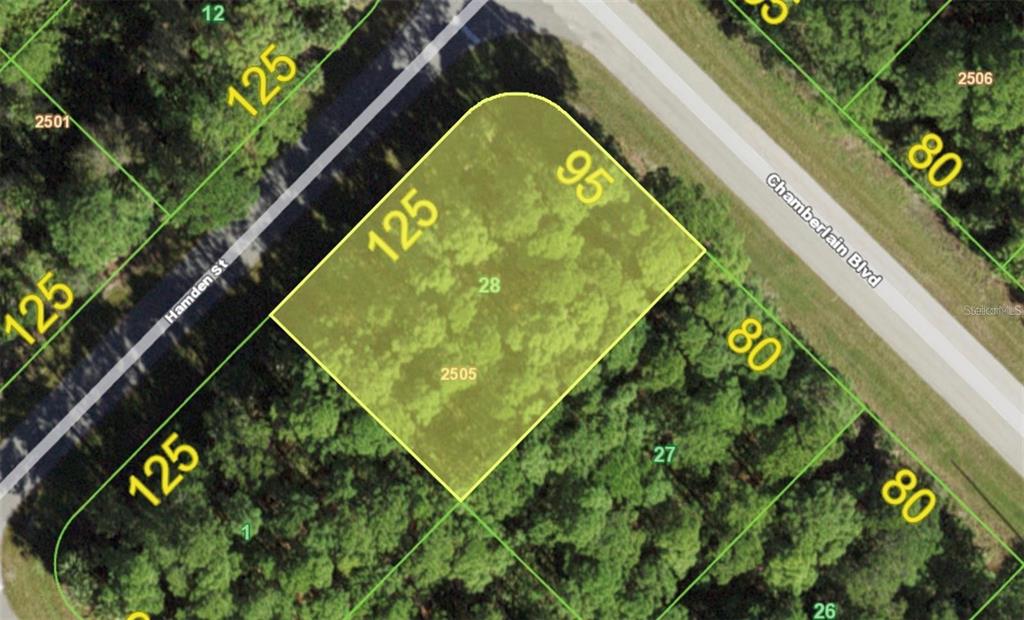 This is an aerial map showing a highlighted vacant lot at a street intersection — 12325 CHAMBERLAIN BOULEVARD, PORT CHARLOTTE, FL