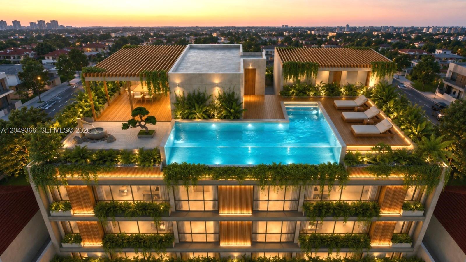 This architectural rendering shows a modern rooftop terrace with a glass-fronted pool and wooden decking — 118 NW 35th St, Miami FL 33127, MIAMI, FL