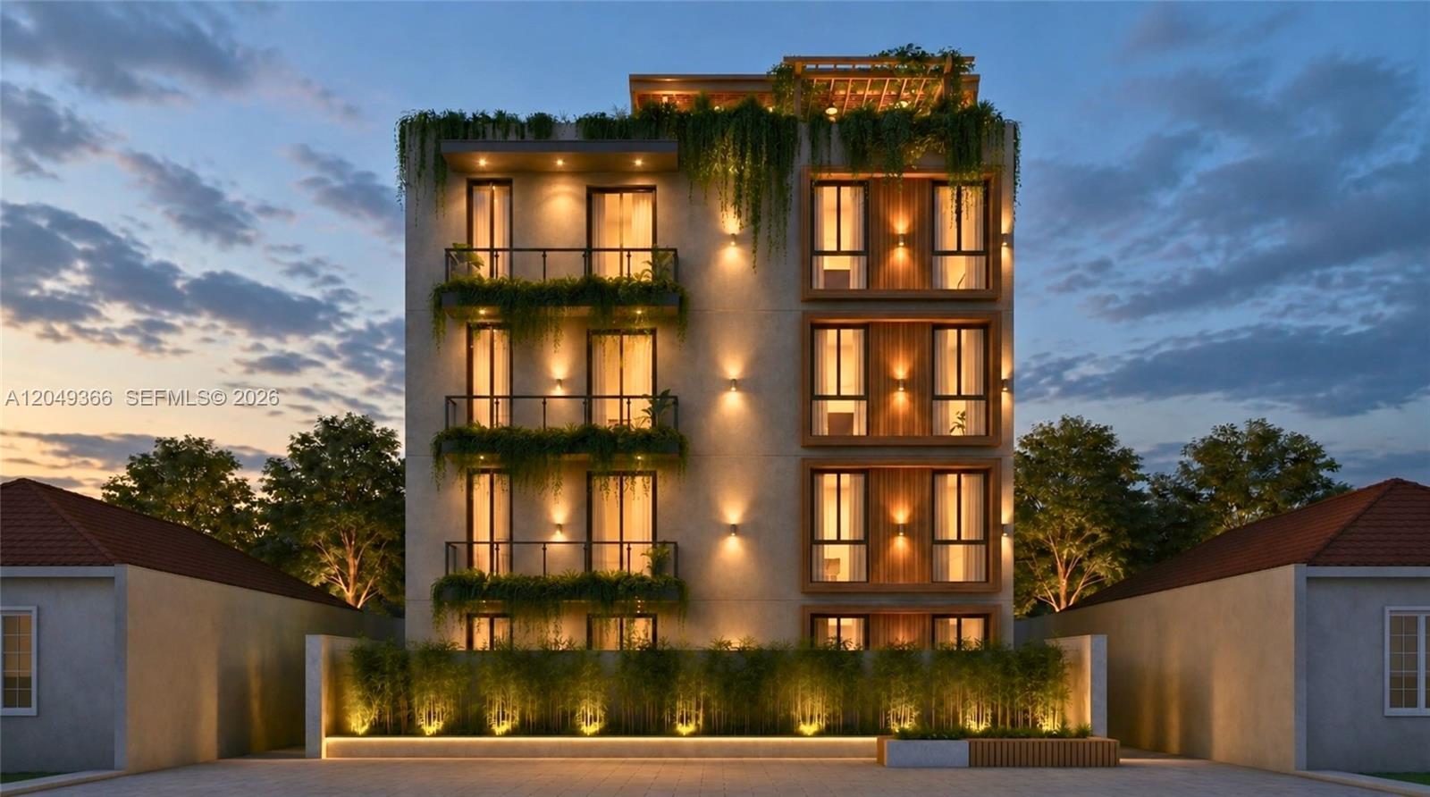 This is a rendering of a four-story modern apartment building with balconies and exterior lighting — 118 NW 35th St, Miami FL 33127, MIAMI, FL